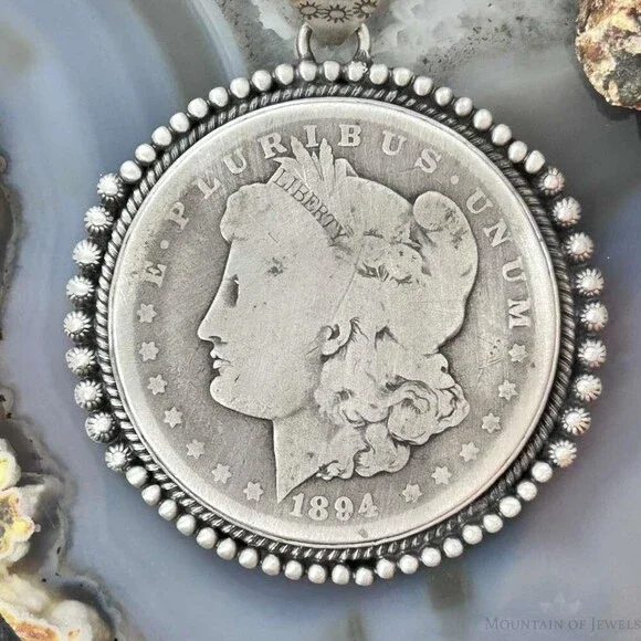 Genuine 90% Silver 1894 US Morgan Dollar Decorated Unisex Pendant